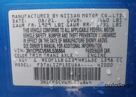 2021 Nissan Kicks Sv z USA, uszkodzony, nr VIN 3N1CP5CV6ML536864